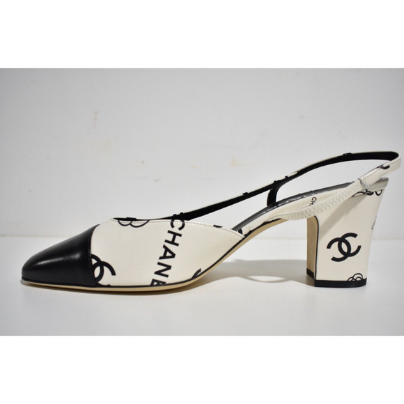 Chanel 23P Mademoiselle Coco Sling White Black CC Logo Slingback Sandal Heel 40 - Picture 9 of 13